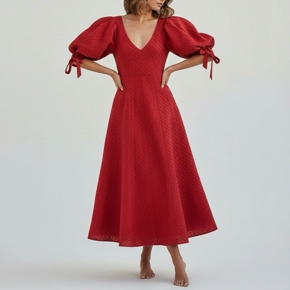 ODET Cherie Chevron Mumu Linen Dress, Red, Medium - Picture 3 of 14